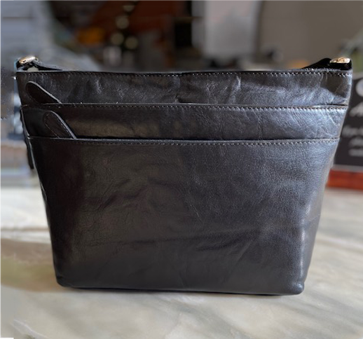 Boros Soft Leather Double Zip Front Cross-Body Bag Black