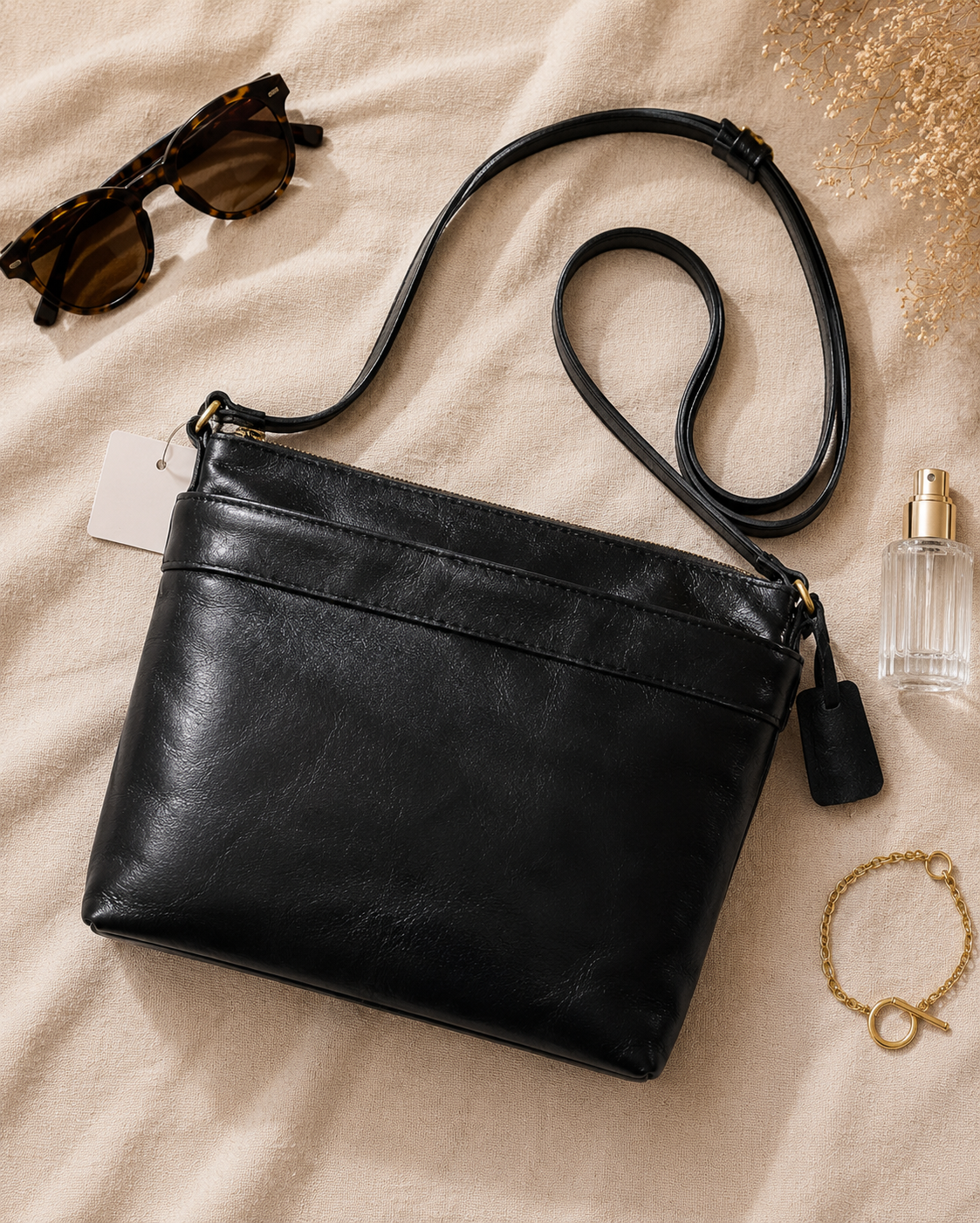 Boros Soft Leather Double Zip Front Cross-Body Bag Black