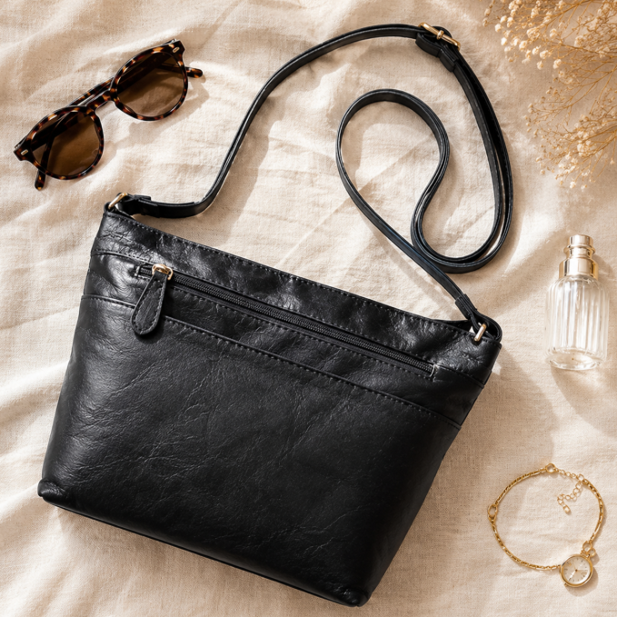 Boros Soft Leather Double Zip Front Cross-Body Bag Black